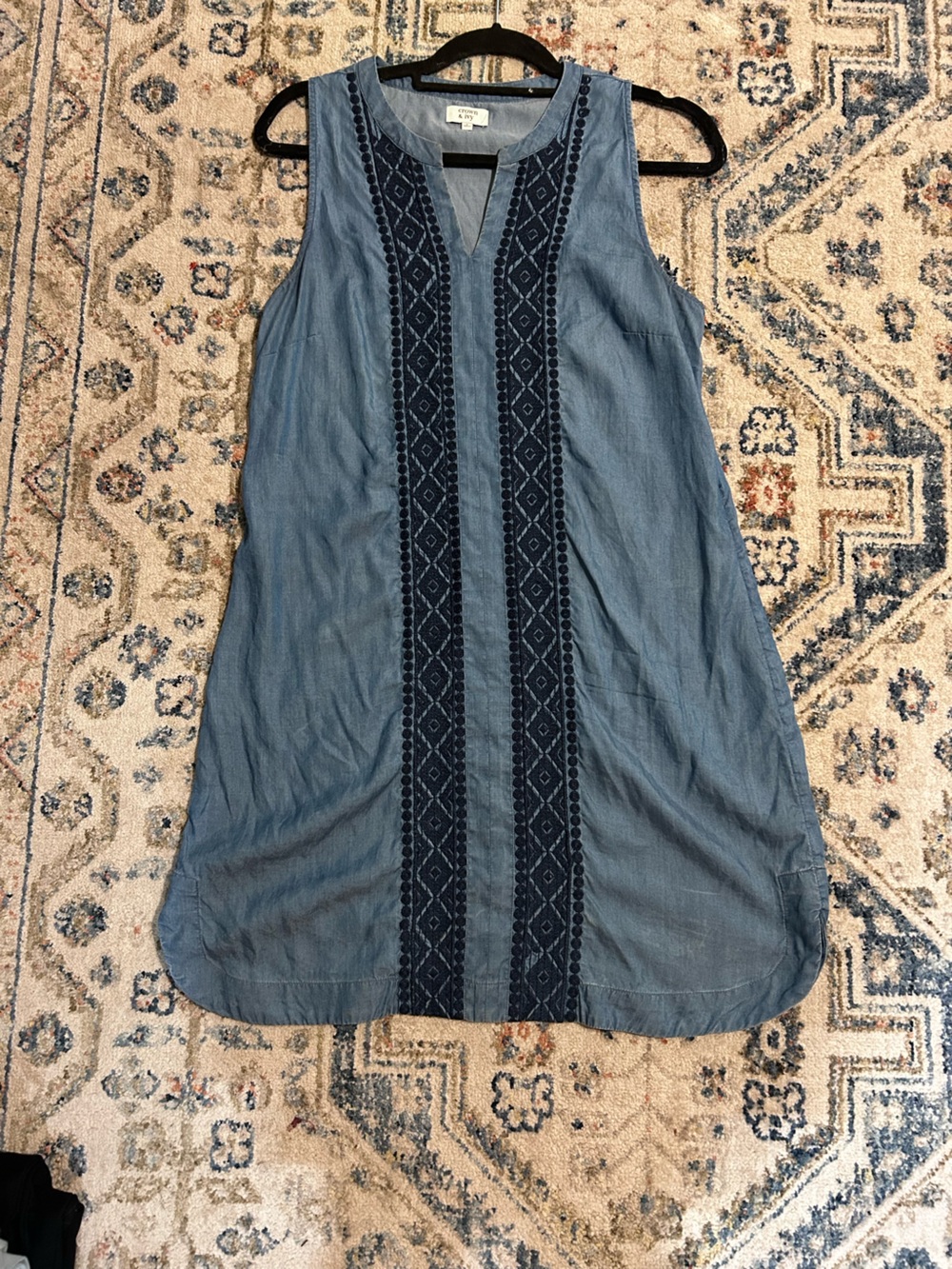 crown & ivy Blue Chambray Maxi Skirt with Navy Embroidered Panels